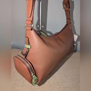 Liz Claiborne Faux Leather Saddle Brown/Green Accents Shoulder Hobo NWT